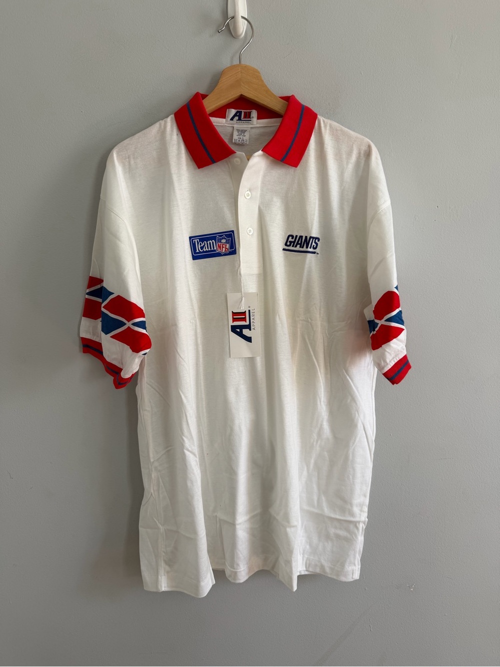 Vintage New York Giants Polo Shirt White With Print Mixed Print Geometric Size L